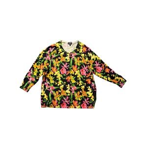 Lands End Womens 3X Cardigan Sweater Supima Cotton Floral Orchid Print Black